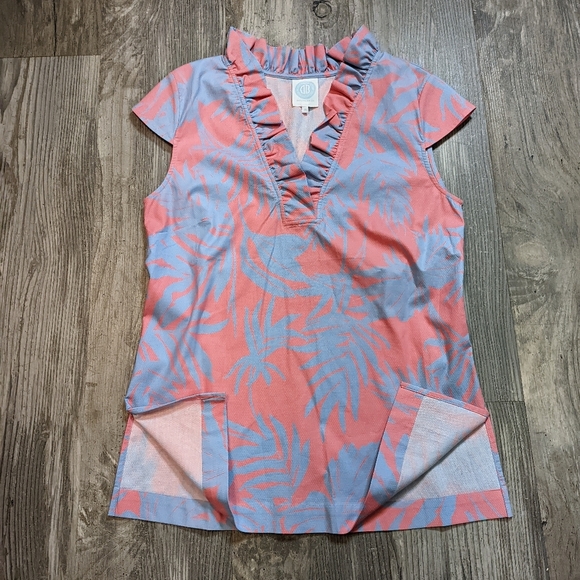 Devon Baer women's size M top V-Neck ruffle pink and blue floral pattern - Picture 3 of 5